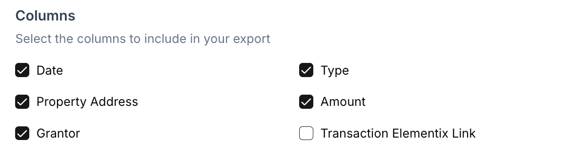 Column selection checkboxes