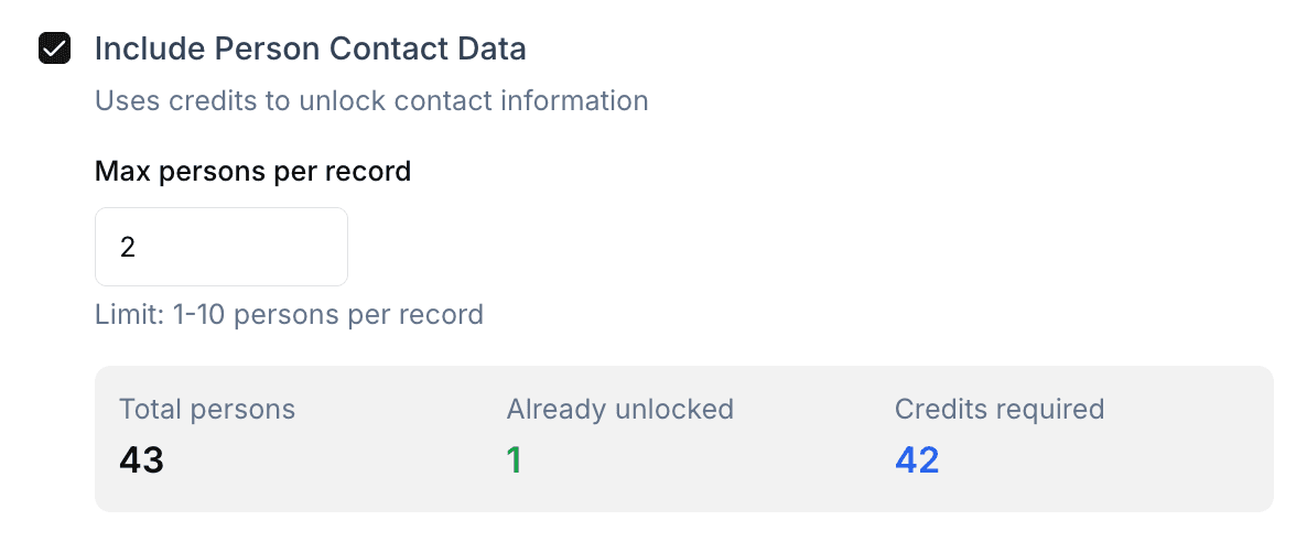 Contact data options with contact unlock breakdown