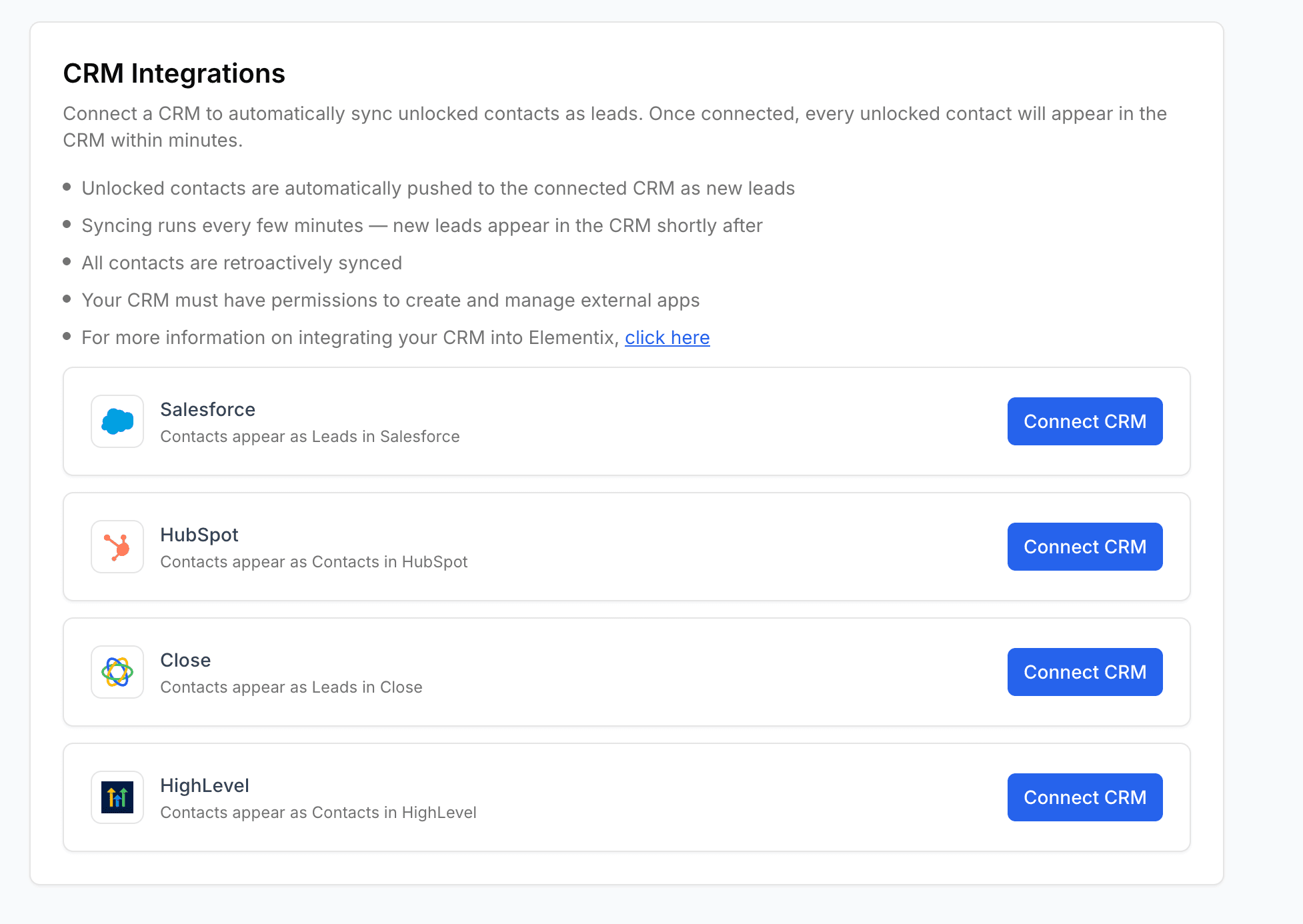 Integrations settings page showing the supported CRMs