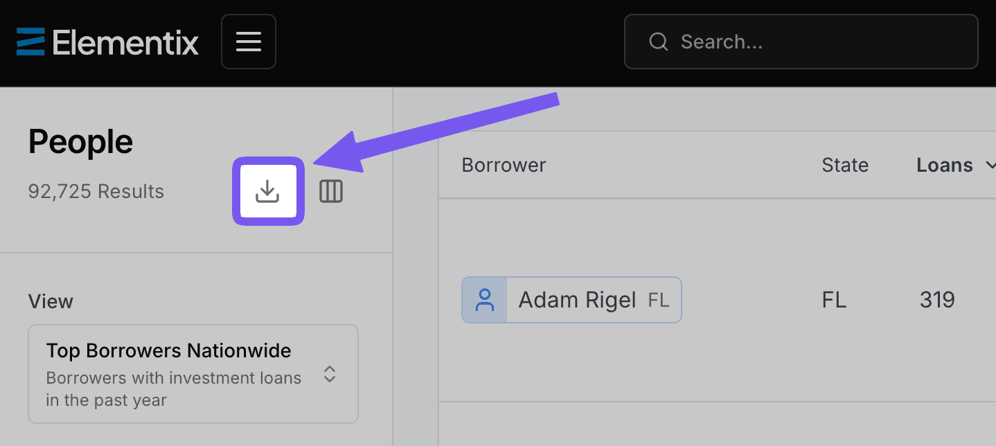 Export button on the page toolbar