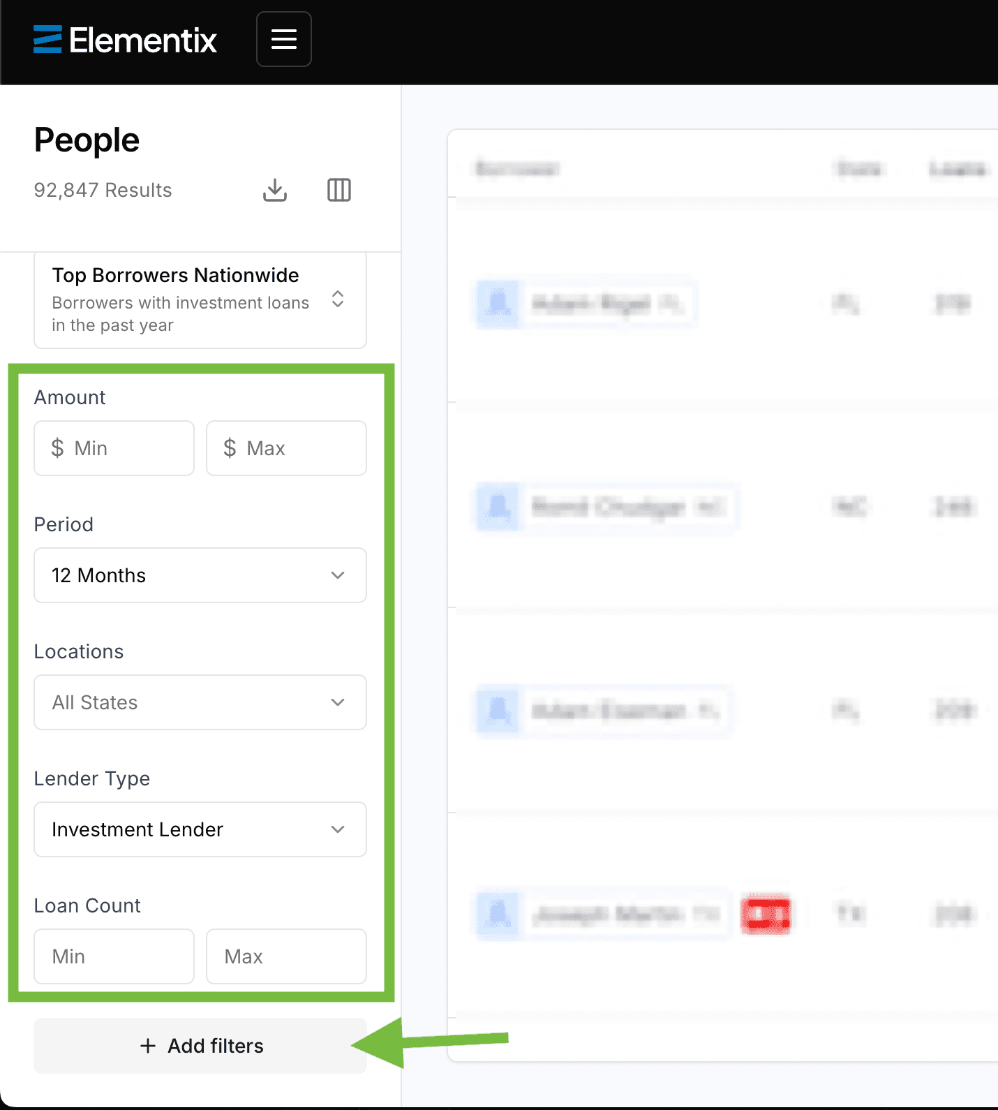 Filters panel for narrowing down table results