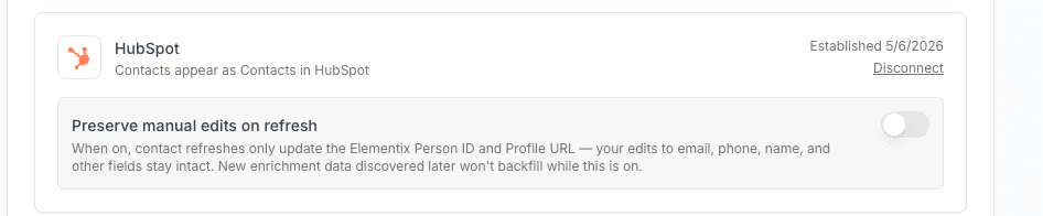 Preserve manual edits on refresh toggle on the connected CRM card
