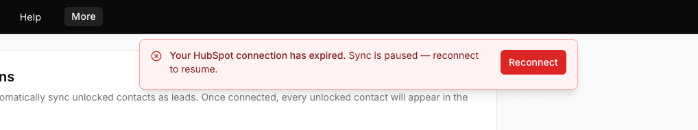 Reconnect banner shown to admins when a CRM connection needs re-authorization