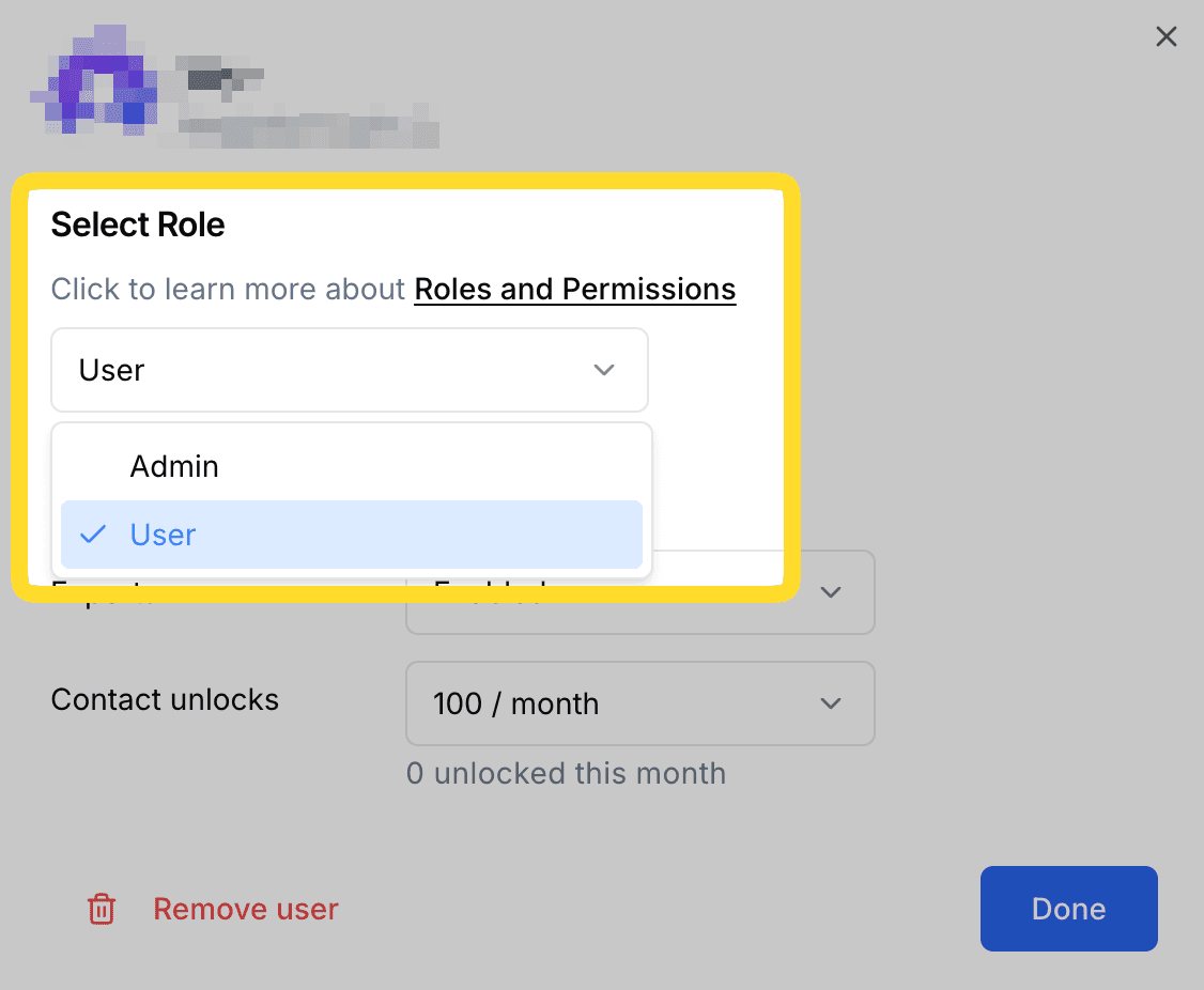 Role dropdown with Admin and Member options
