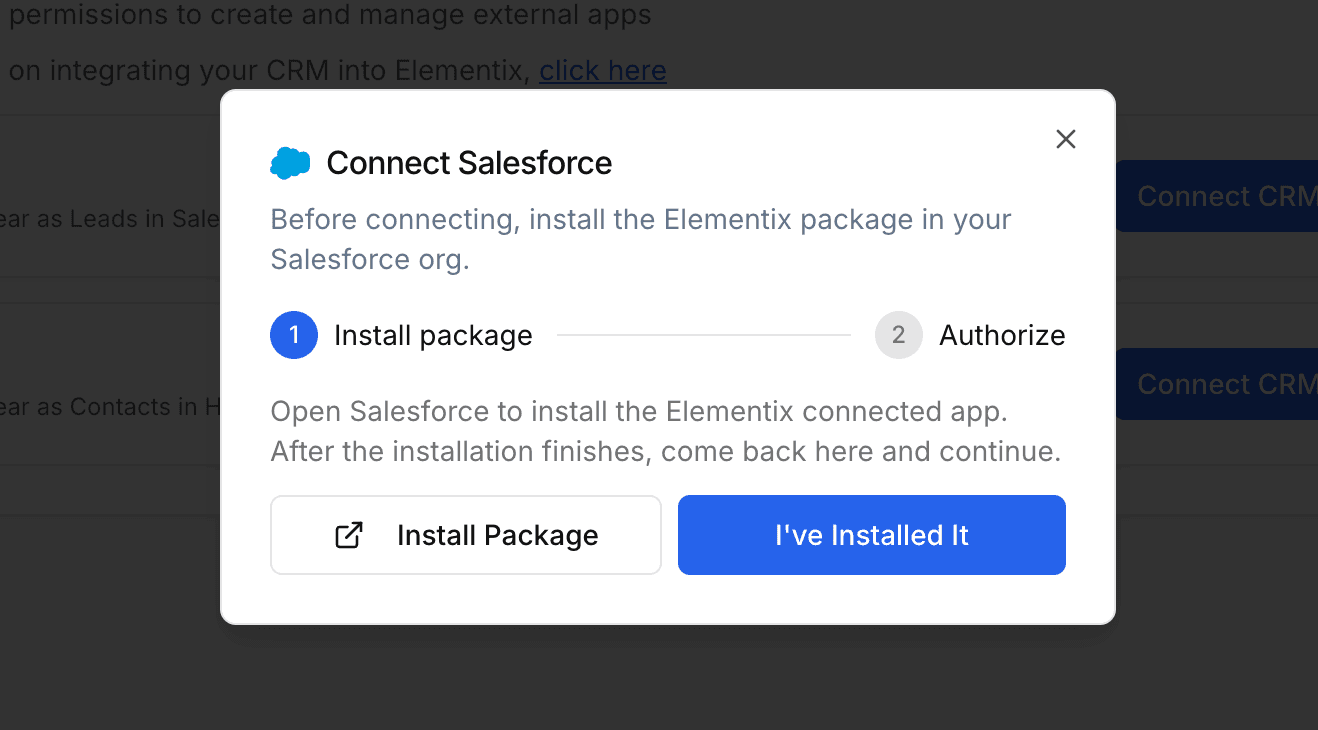 Salesforce install and connect stepper modal
