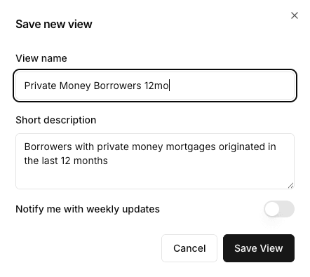 Save view popup with name, description, and alert options