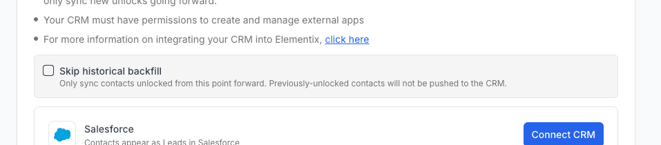 Skip historical backfill checkbox on the integrations page