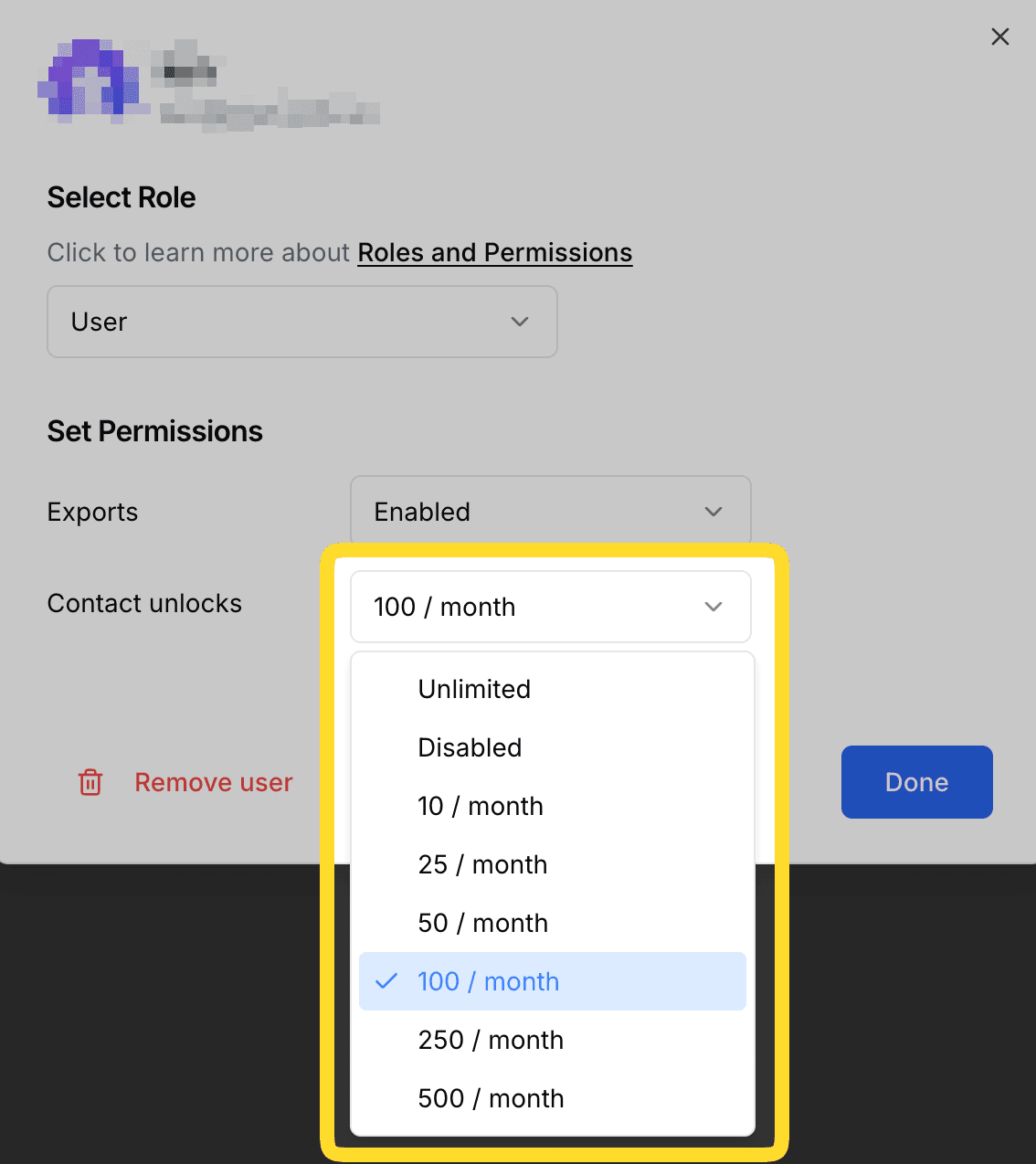Unlock allowance dropdown showing Unlimited, Disabled, and metered options