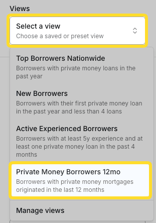 Saved views listed in the dropdown